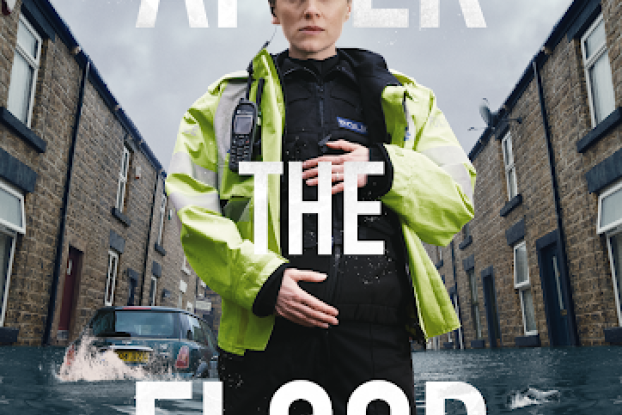 Female police officer in uniform in front of title text